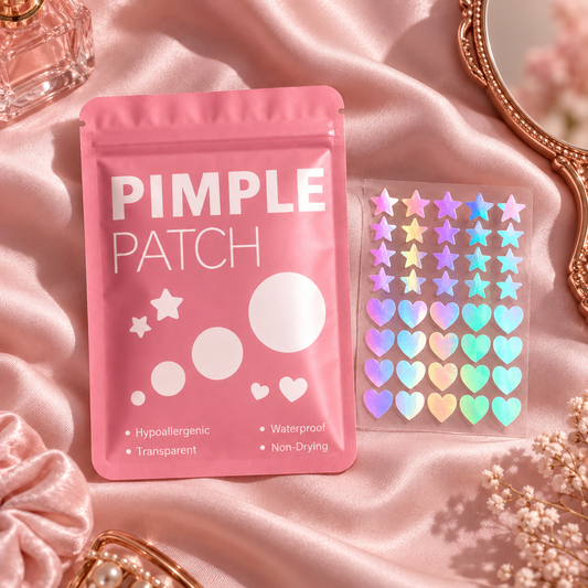 Pimple Patches packet and colorful star and heart patch sheet flat lay