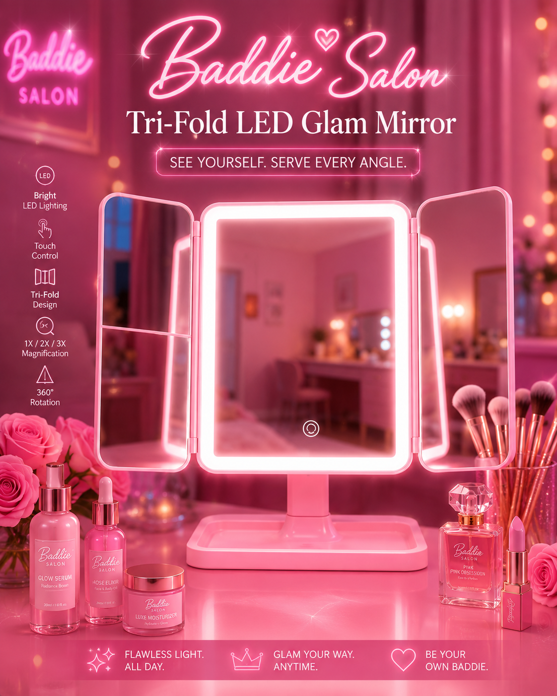 Tri-Fold LED Glam Mirror
