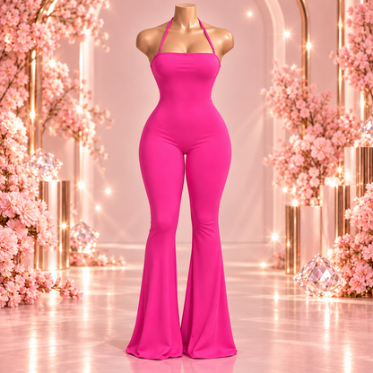 Hot Pink Halter Flare Jumpsuit