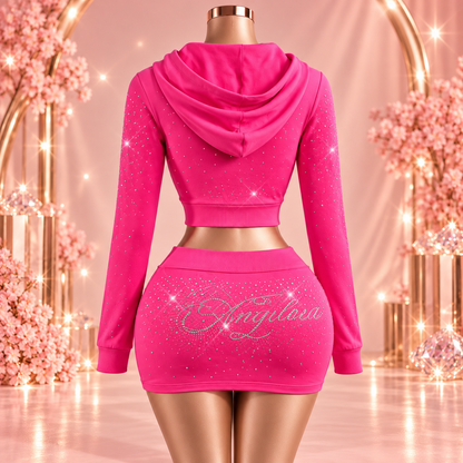 Angelina Rhinestone Hooded Skirt Set