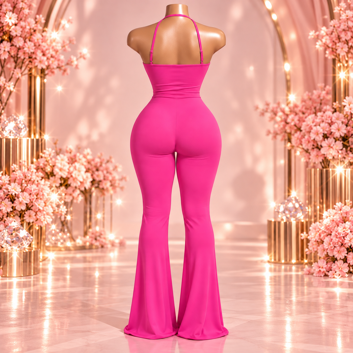 Hot Pink Halter Flare Jumpsuit