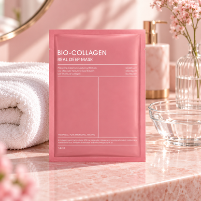 Bio-Collagen Face Mask packet on a spa vanity with towel and bowl