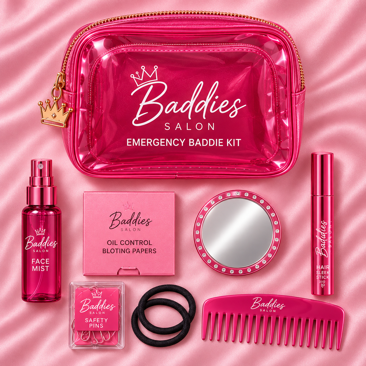 Emergency Baddie Kit pouch and included beauty essentials flat lay