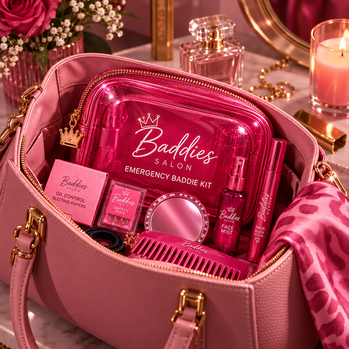 Emergency Baddie Kit beauty essentials packed in a pink handbag