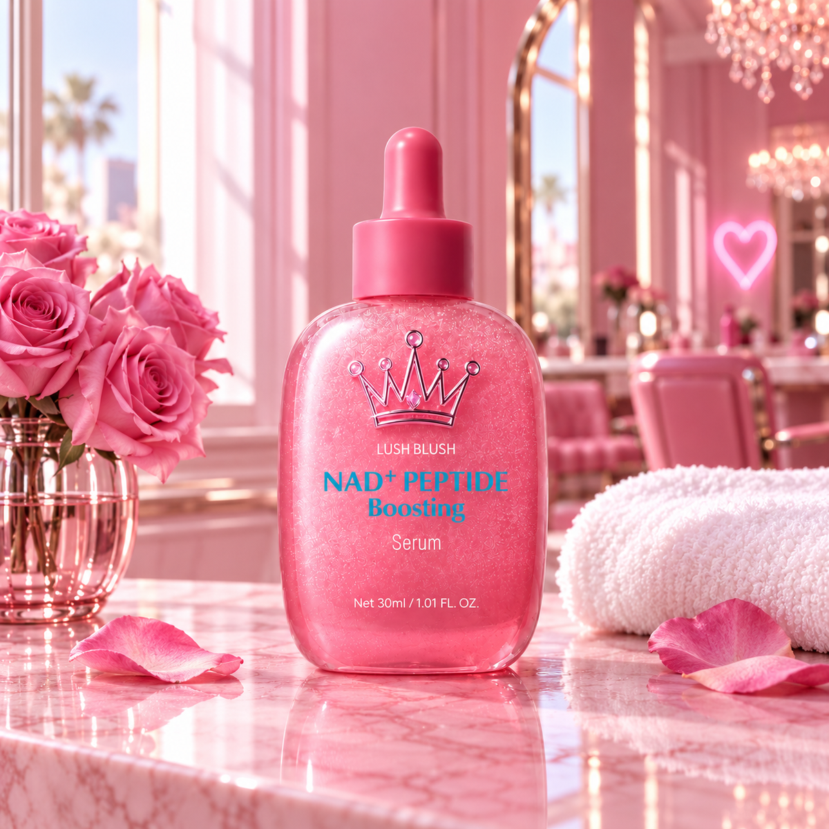 Peptide Lifting Serum on a pink vanity with roses and towel