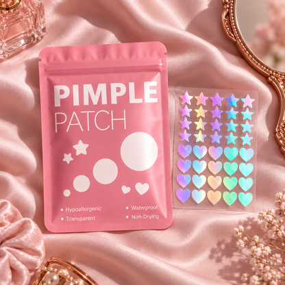 Pimple Patches packet and colorful star and heart patch sheet flat lay