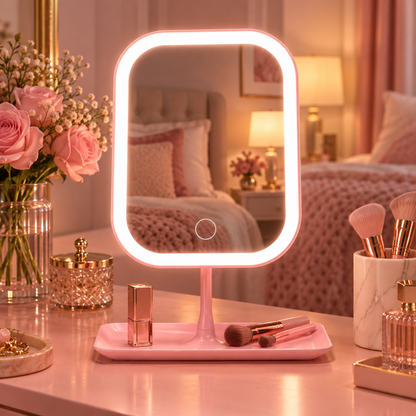 Portable LED Beauty Mirror switched on at a pink bedroom vanity
