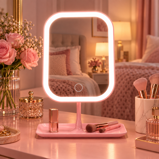 Portable LED Beauty Mirror switched on at a pink bedroom vanity