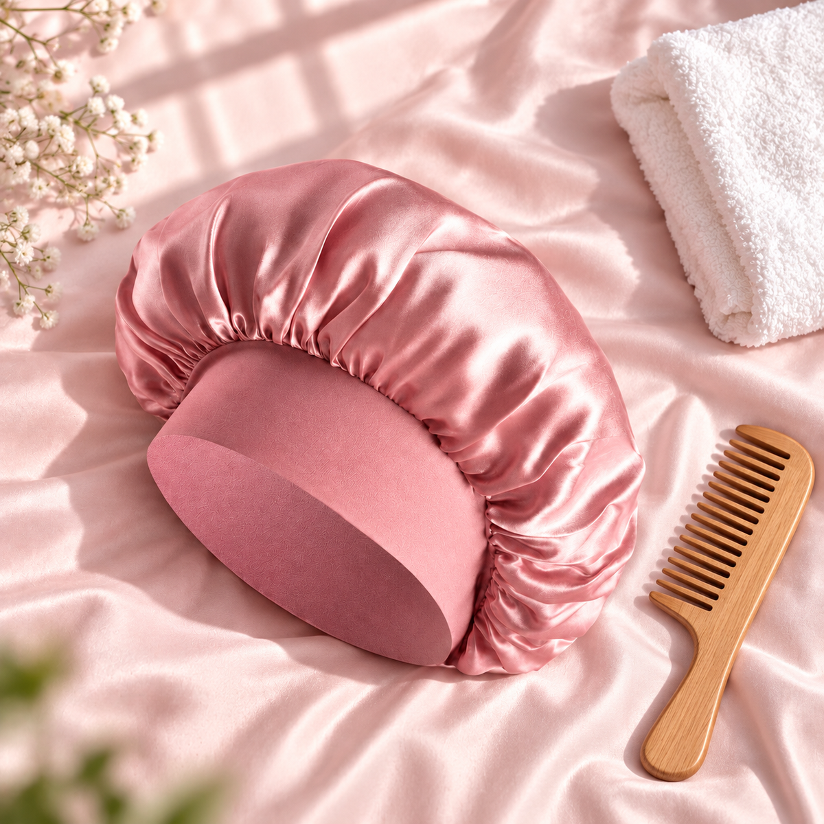 Pink Satin Bonnet on satin bedding with wooden comb and towel