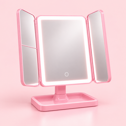 Tri-Fold LED Glam Mirror open on a pale pink studio background