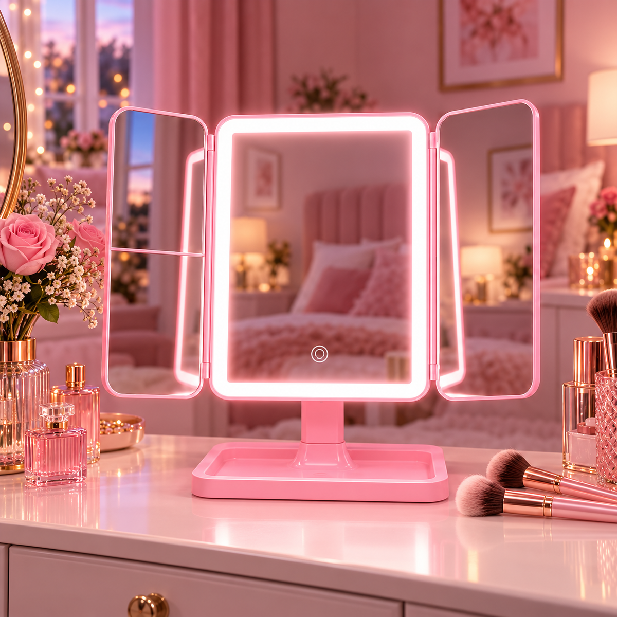 Tri-Fold LED Glam Mirror switched on at a pink bedroom vanity
