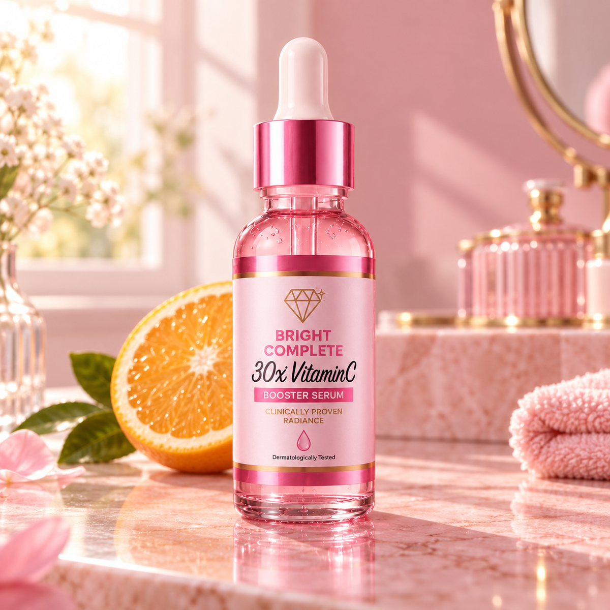 Vitamin C Face Serum on a pink vanity with fresh orange
