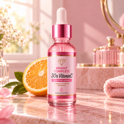 Vitamin C Face Serum on a pink vanity with fresh orange