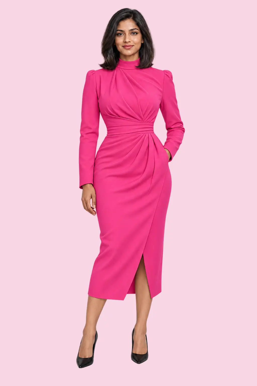 Baddie model in a pink statement dress