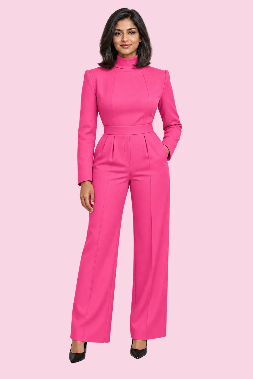 Baddie model in a pink tailored jumpsuit