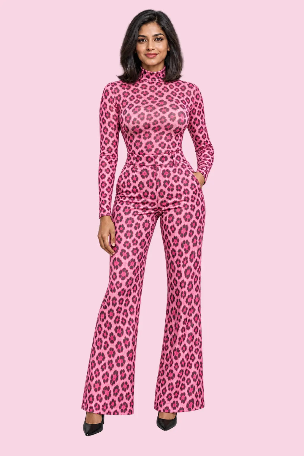 Baddie model in a pink leopard matching set